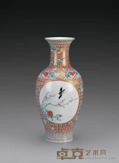 民国 锦地描金开光纹花鸟瓶 7.5×25.6cm